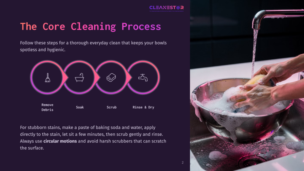 2 The Core Cleaning Process The Core Cleaning Process: A Graphic Illustrates Four Steps: Remove Debris, Soak, Scrub, And Rinse &Amp; Dry. Below, Hands Scrub A Stainless Steel Bowl Filled With Suds Under Running Water.