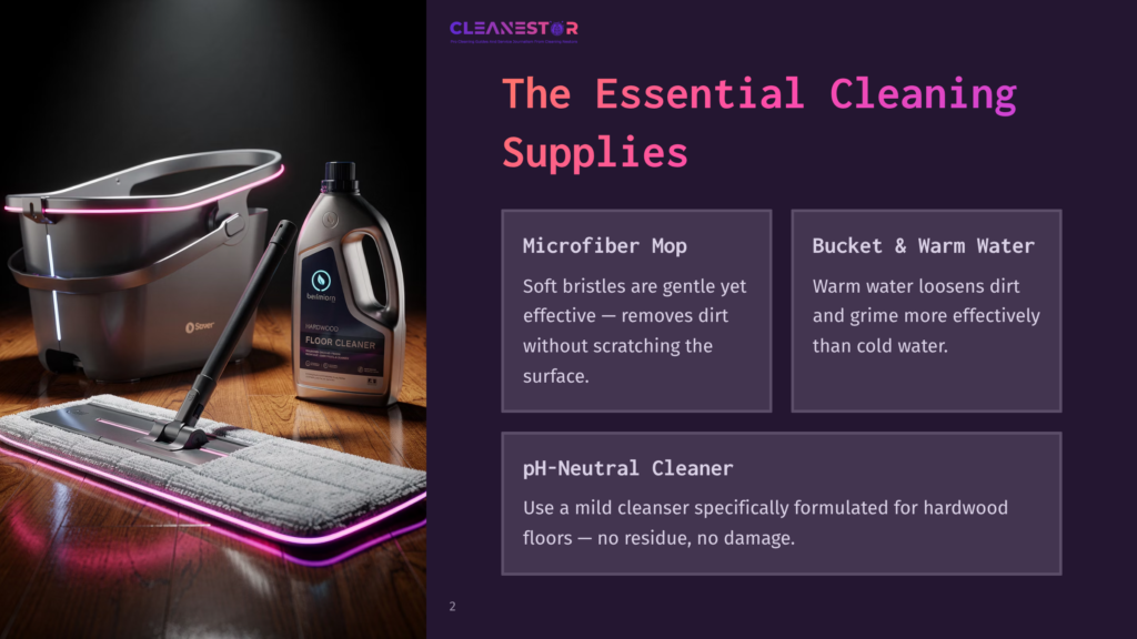 A Modern Cleaning Set For Hardwood Floors Includes A Sleek Bucket With A Mop And A Bottle Of Hardwood Floor Cleaner, All Illuminated With Pink Led Lights.