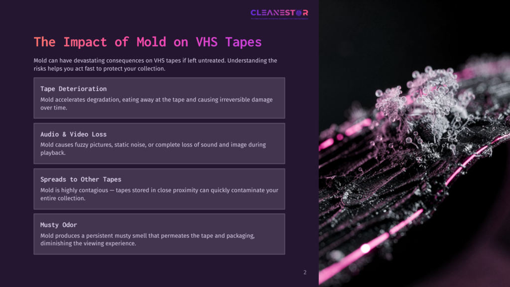 Close-Up Of Mold Growing On A Vhs Tape, Showing Fuzzy White And Pink Organic Growth With Crystalline Structures, Highlighting The Impact Of Mold On Vhs Tapes.