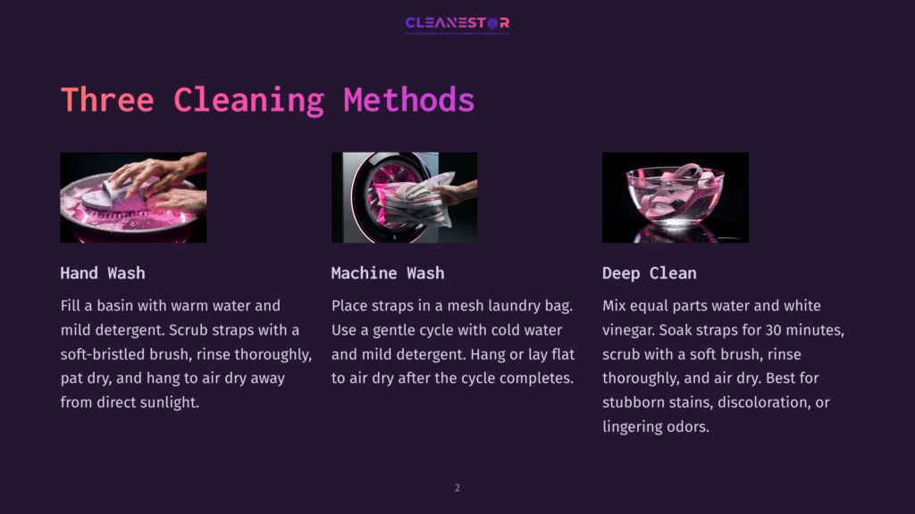 Three Cleaning Methods For Straps: Hand Wash, Machine Wash, And Deep Clean With Vinegar. Detailed Instructions Are Provided For Each Cleaning Method.