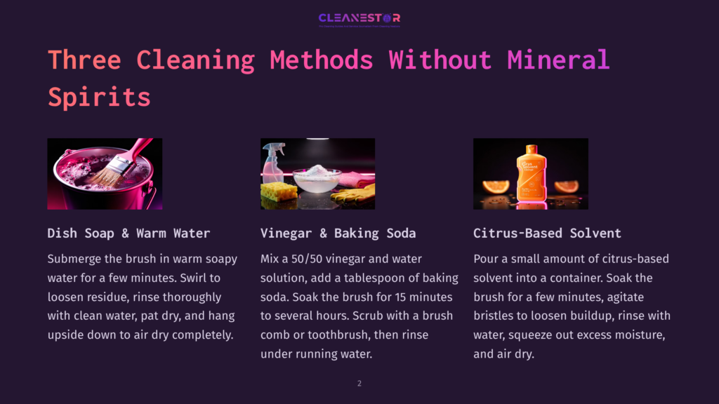 Three Cleaning Methods Illustrated: A Brush In A Bucket Of Soapy Water For Dish Soap, A Spray Bottle And Sponge With Vinegar And Baking Soda, And A Bottle Of Citrus-Based Solvent For Cleaning.