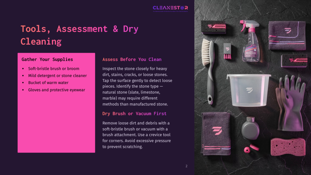2 Tools Assessment And Dry Cleaning Cleaning Supplies For Stone Surfaces: Spray Bottle, Soft Brush, Microfiber Cloths, Gloves, And Sponges, With Text About Cleaning Tools And Assessment.