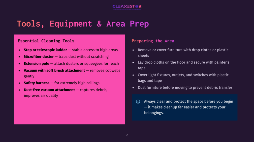 A Dark Purple Slide Titled &Quot;Tools, Equipment &Amp; Area Prep&Quot; Lists Essential Cleaning Tools Like A Step Ladder, Microfiber Duster, Extension Pole, Vacuum With Soft Brush Attachment, And Safety Harness, Along With Preparation Steps Like Covering Furniture And Floors With Drop Cloths.