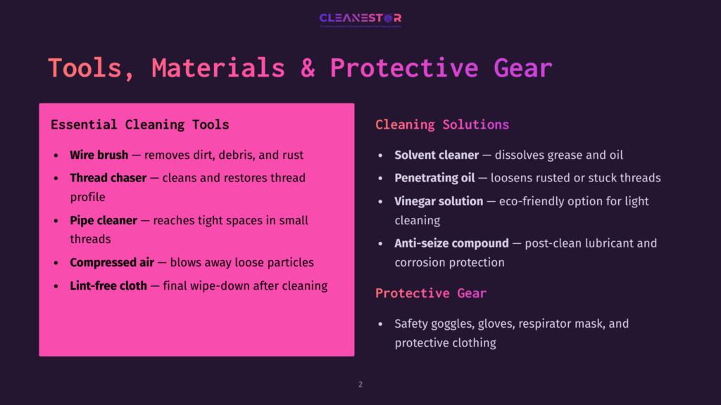 A Dark Purple Slide Titled &Quot;Tools, Materials &Amp; Protective Gear&Quot; Lists Essential Cleaning Tools Like Wire Brushes, Thread Chasers, And Pipe Cleaners, Alongside Cleaning Solutions Including Solvent Cleaner And Penetrating Oil.