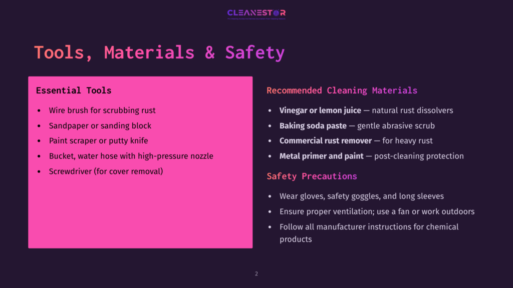 Dark Purple Background With A Pink Rectangle On The Left Listing Essential Tools For Rust Removal: Wire Brush, Sandpaper, Paint Scraper, Bucket, And Screwdriver. The Right Side Lists Recommended Cleaning Materials Like Vinegar, Baking Soda, Commercial Rust Remover, And Metal Primer, Along With Safety Precautions.