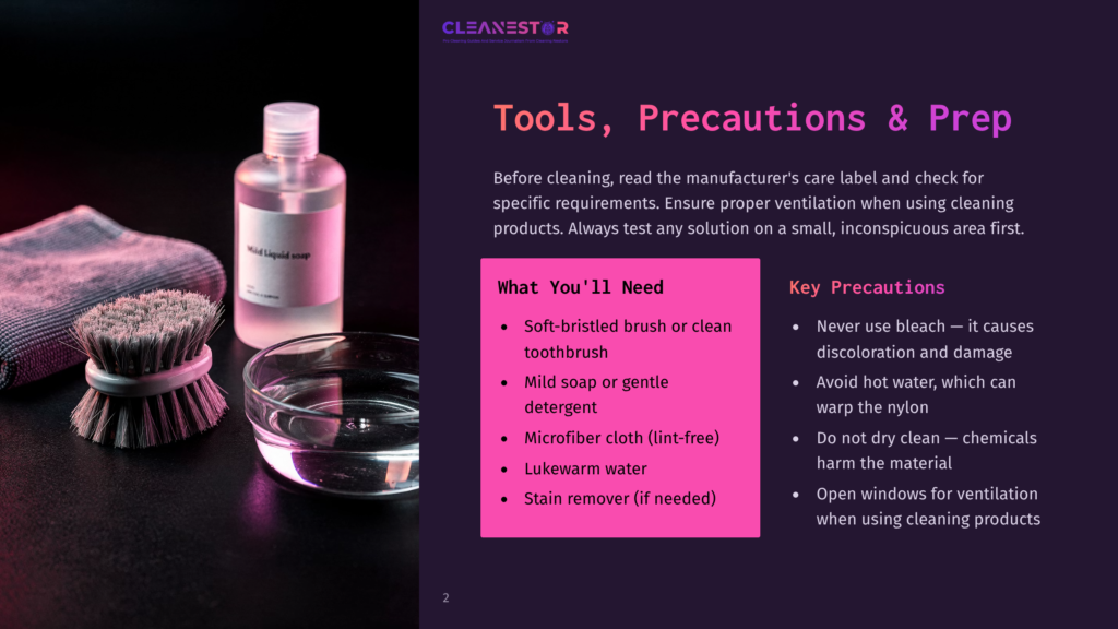 Cleaning Supplies For Soft-Bristled Brushes: Mild Liquid Soap, A Microfiber Cloth, A Small Bowl Of Water, And A Toothbrush, With Text &Quot;What You'Ll Need&Quot; And &Quot;Key Precautions&Quot; Visible.