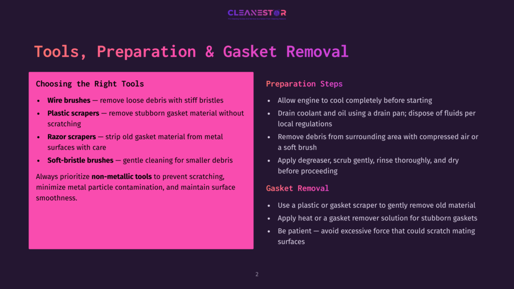 A Dark Purple Slide Titled &Quot;Tools, Preparation &Amp; Gasket Removal&Quot; Lists Tools Like Wire Brushes And Plastic Scrapers For Gasket Removal, Along With Preparation Steps.