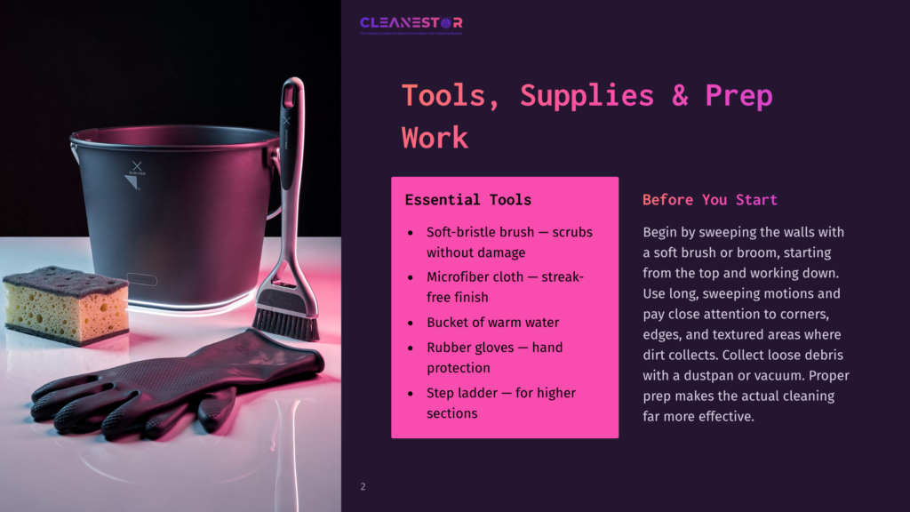 2 Tools Supplies And Prep Work Cleanestor Logo At The Top Of A Page Detailing Cleaning Tools And Supplies, Including A Bucket, Sponge, Gloves, And Brush, With Text On Cleaning Preparation.