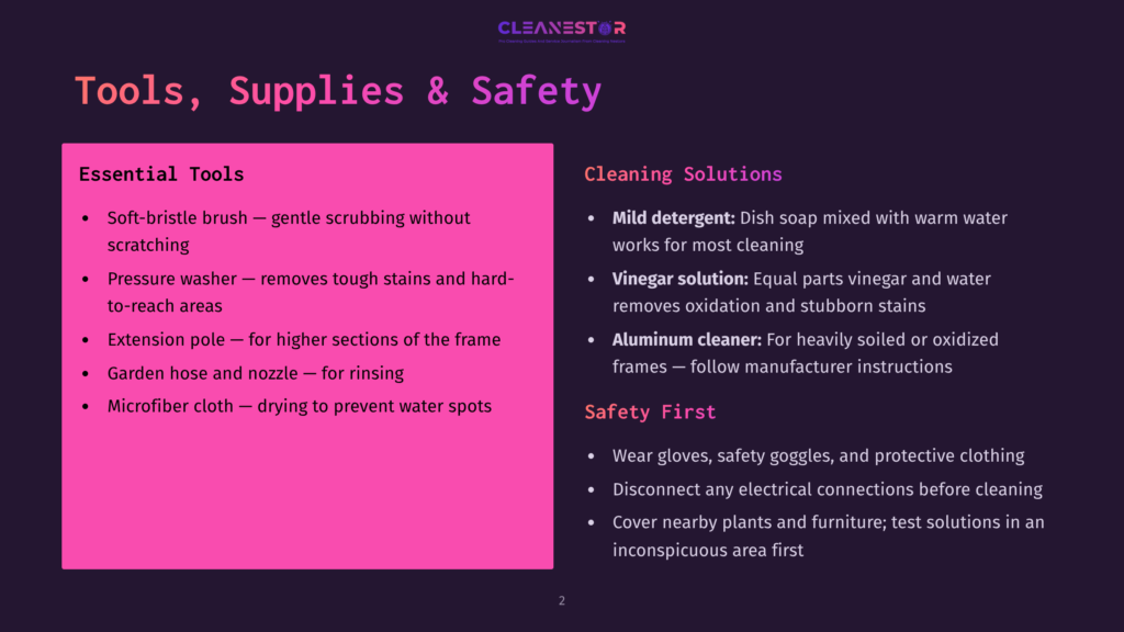 A Dark Purple Slide Titled &Quot;Tools, Supplies &Amp; Safety&Quot; Lists Essential Cleaning Tools Like Soft-Bristle Brushes, Pressure Washers, Extension Poles, Garden Hoses, And Microfiber Cloths, Alongside Cleaning Solutions And Safety Tips.