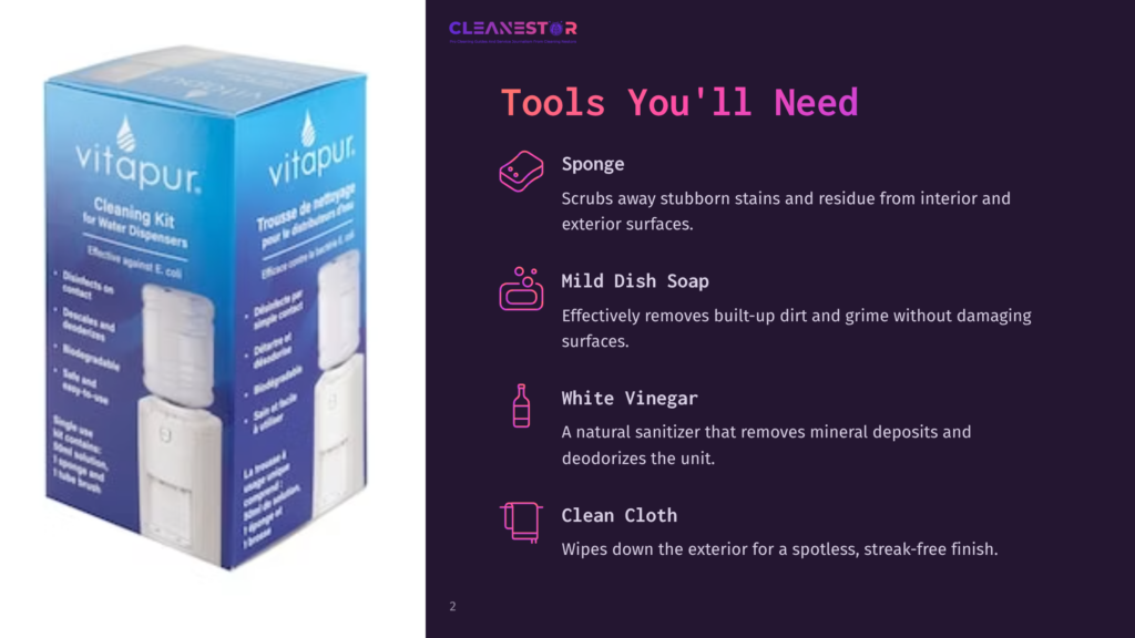 Vitapur Cleaning Kit For Water Dispensers Box And Cleaning Tools Including Sponge, Mild Dish Soap, White Vinegar, And Clean Cloth For Effective E. Coli Removal.