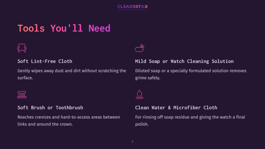 Tools Needed For Watch Cleaning: Soft Lint-Free Cloth, Mild Soap Or Watch Cleaning Solution, Soft Brush Or Toothbrush, And Clean Water &Amp; Microfiber Cloth.