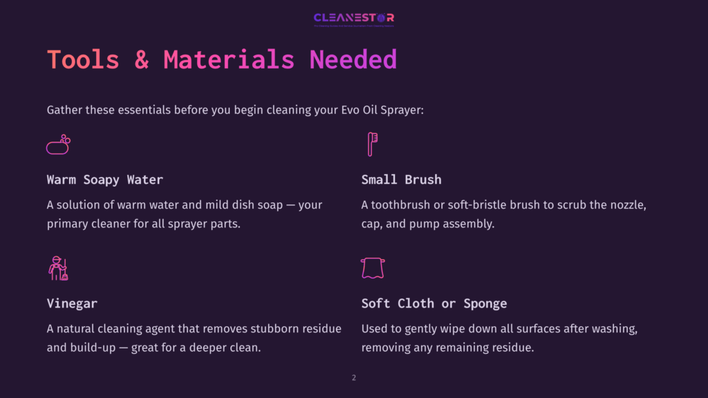 Tools And Materials Needed For Cleaning An Evo Oil Sprayer: Warm Soapy Water, A Small Brush, Vinegar, And A Soft Cloth Or Sponge. The Text Lists These Items For Effective Cleaning.