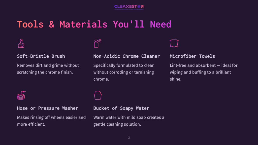 Tools And Materials For Cleaning Chrome: Soft-Bristle Brush, Non-Acidic Chrome Cleaner, Microfiber Towels, Hose Or Pressure Washer, And A Bucket Of Soapy Water. The Text &Quot;Cleanestor&Quot; Is Visible At The Top.