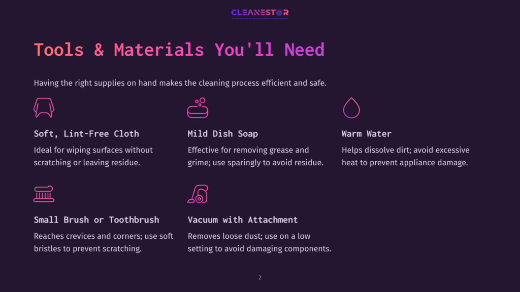 Tools And Materials For Appliance Cleaning: Soft Lint-Free Cloth, Mild Dish Soap, Warm Water, Small Brush Or Toothbrush, And Vacuum With Attachment.