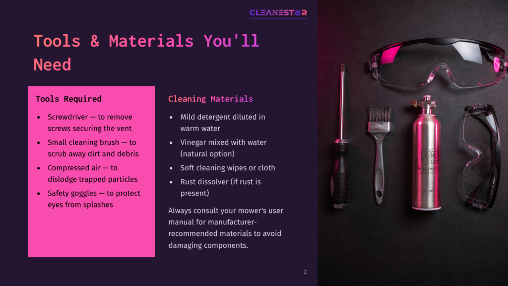 Tools And Cleaning Materials For Lawn Mower Maintenance: Screwdriver, Brush, Safety Goggles, Compressed Air, Mild Detergent, Vinegar, Rust Dissolver, And Cleaning Wipes.