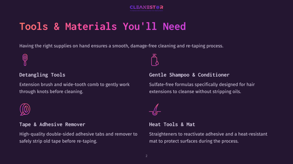 Tools &Amp; Materials You'Ll Need For Hair Extensions: Detangling Tools, Gentle Shampoo &Amp; Conditioner, Tape &Amp; Adhesive Remover, Heat Tools &Amp; Mat. Cleanestor Logo At Top.