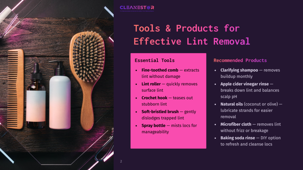 A Wooden Table Displays A Detangling Comb, A Soft-Bristled Brush, And Two Bottles, One White With A Pump And Another Amber, Alongside A Pink Infographic Titled &Quot;Tools &Amp; Products For Effective Lint Removal&Quot; And &Quot;Recommended Products.