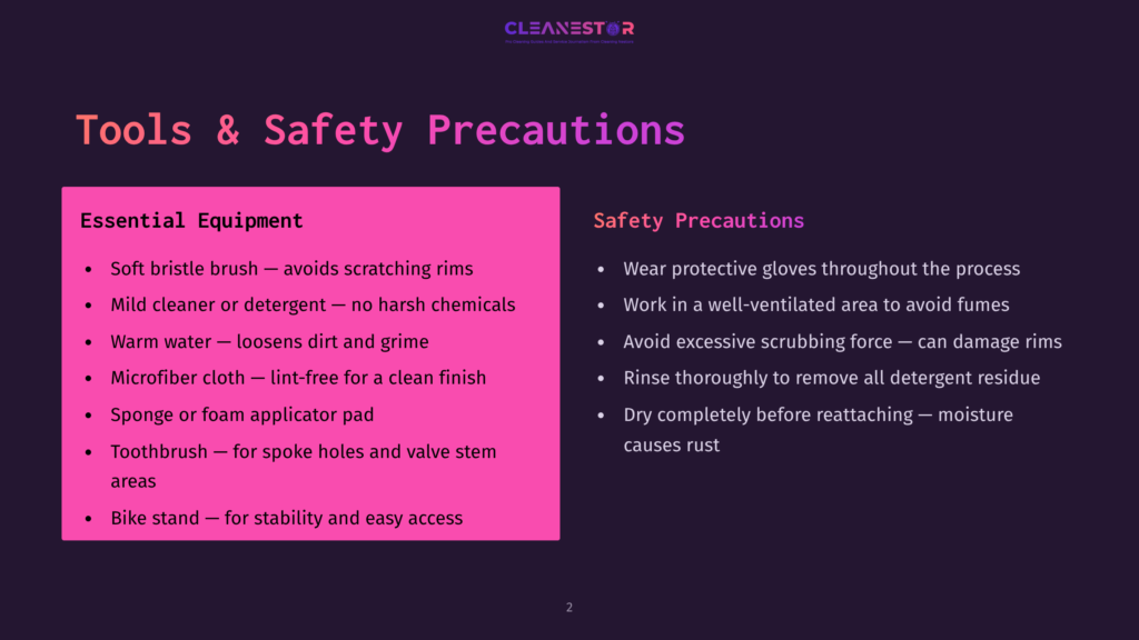 2 Tools And Safety Precautions Slide Titled &Quot;Tools &Amp; Safety Precautions&Quot; Listing Essential Equipment Like Soft Bristle Brushes, Mild Cleaners, And Toothbrushes, Alongside Safety Precautions Such As Wearing Gloves And Working In A Well-Ventilated Area.