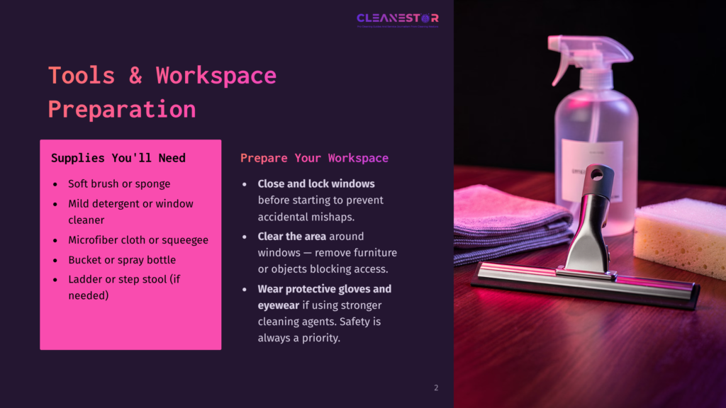 Cleaning Supplies For Window Cleaning: Spray Bottle, Microfiber Cloths, Squeegee, Bucket, And Sponge On A Wooden Table. Text Reads &Quot;Tools &Amp; Workspace Preparation&Quot; And &Quot;Supplies You'Ll Need.