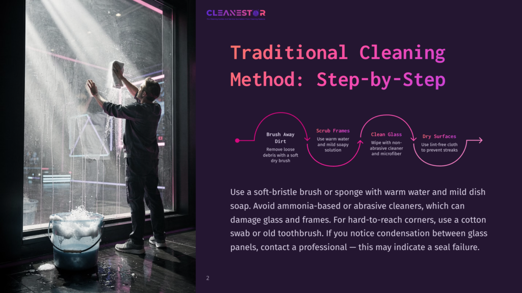 Man In A Blue Shirt Cleaning A Large Window With A White Cloth, Water Splashing Into A Bucket Below. Text Overlay: &Quot;Cleanestor Traditional Cleaning Method: Step-By-Step&Quot;.