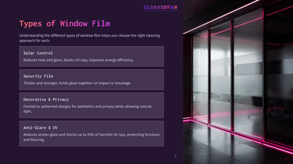 2 Types Of Window Film Types Of Window Film: Solar Control, Security Film, Decorative &Amp; Privacy, Anti-Glare &Amp; Uv. Modern Office Interior With Glass Walls And Pink Led Lighting.