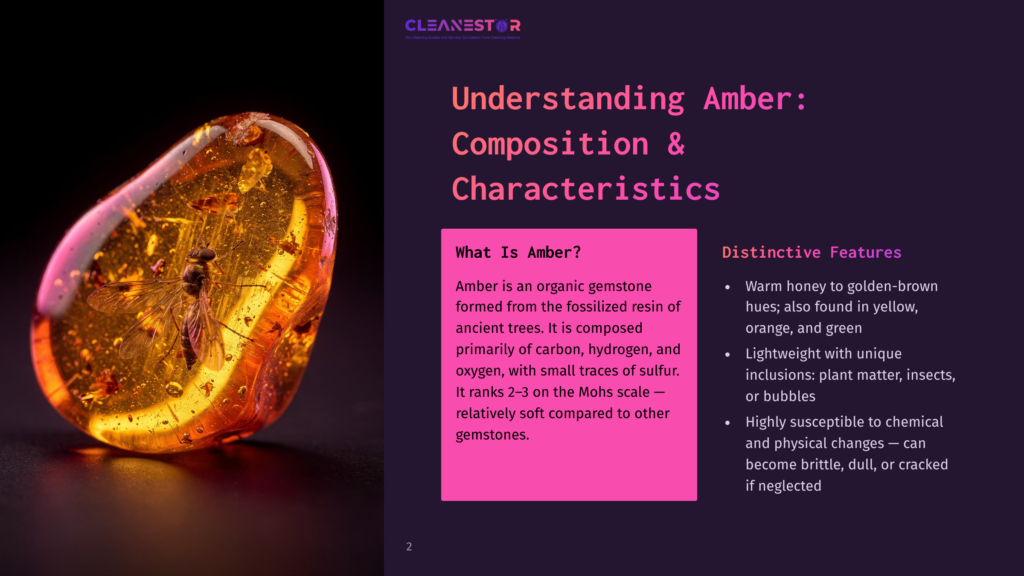 Close-Up Of An Amber Gemstone With A Fossilized Insect, Showing Its Warm Golden-Brown Hues And Organic Inclusions. Text Reads &Quot;Cleanestor Understanding Amber: Composition &Amp; Characteristics&Quot;.
