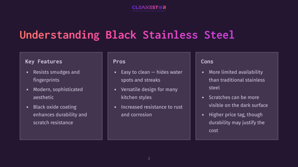 2 Understanding Black Stainless Steel Diagram Comparing Black Stainless Steel'S Key Features, Pros, And Cons. Features Include Smudge Resistance And A Modern Aesthetic. Pros Highlight Easy Cleaning And Durability. Cons Mention Limited Availability And Visible Scratches.