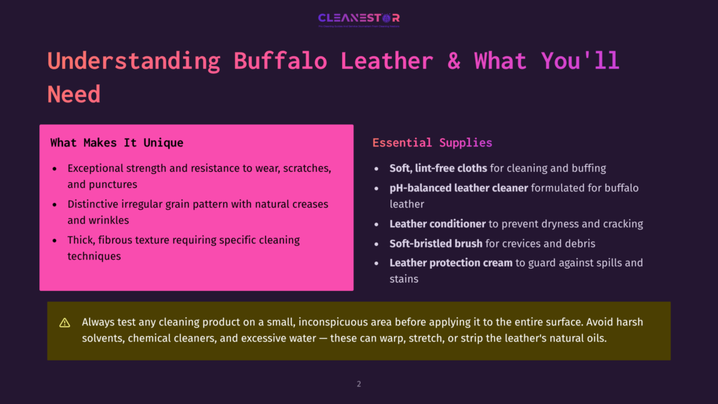 Presentation Slide Titled &Quot;Understanding Buffalo Leather &Amp; What You'Ll Need&Quot; With Bullet Points On Leather Characteristics And Essential Supplies For Cleaning And Conditioning Buffalo Leather.