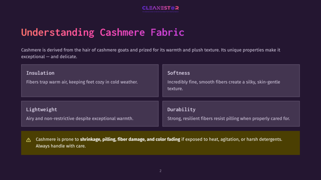 2 Understanding Cashmere Fabric Infographic Detailing The Properties Of Cashmere Fabric: Insulation, Softness, Lightweight, And Durability. Includes A Warning About Shrinkage, Pilling, Fiber Damage, And Color Fading.