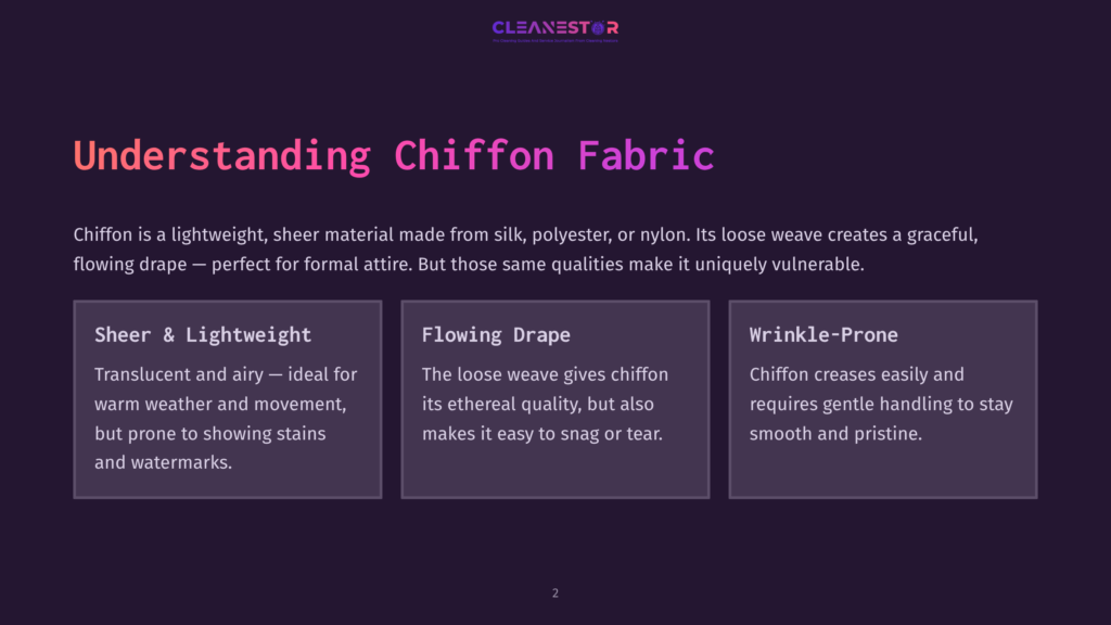 Presentation Slide Titled &Quot;Understanding Chiffon Fabric&Quot; With Three Sections: &Quot;Sheer &Amp; Lightweight,&Quot; &Quot;Flowing Drape,&Quot; And &Quot;Wrinkle-Prone,&Quot; Detailing Chiffon'S Properties.