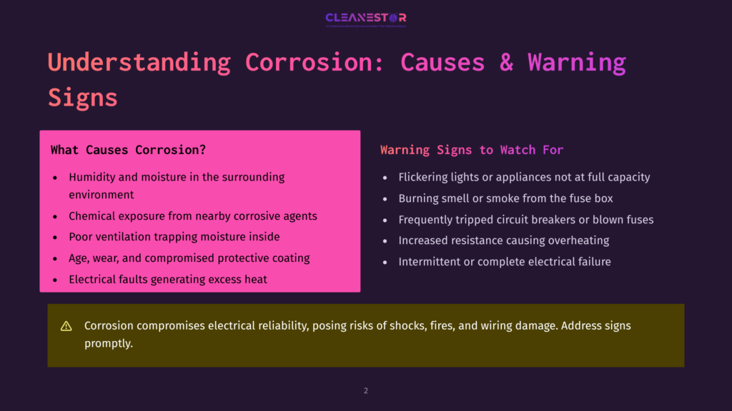 Presentation Slide Titled &Quot;Understanding Corrosion: Causes &Amp; Warning Signs&Quot; With Two Columns Detailing Causes Like Humidity And Chemical Exposure, And Warning Signs Like Flickering Lights And Burning Smells.