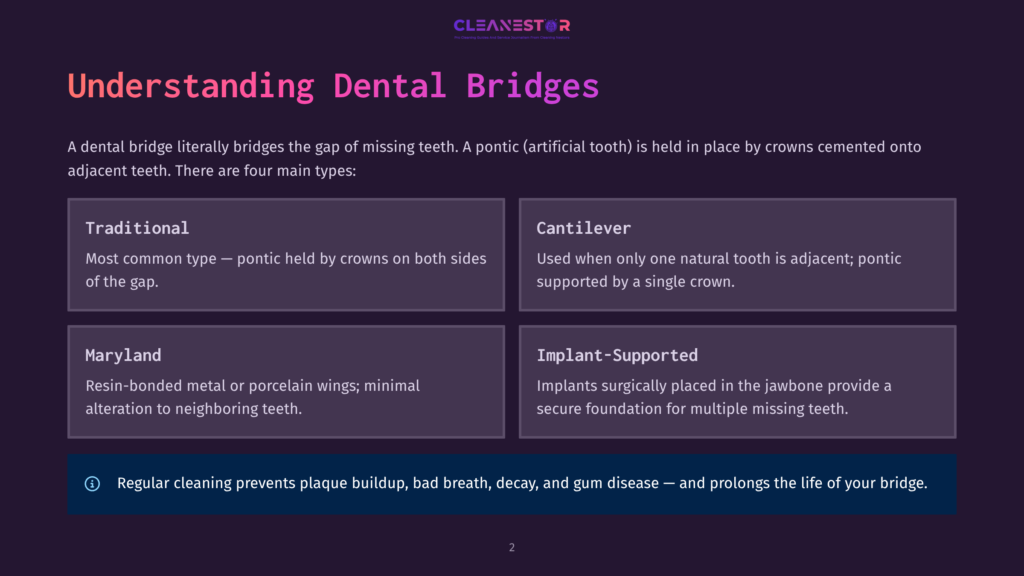 2 Understanding Dental Bridges Illustration Explaining The Four Main Types Of Dental Bridges: Traditional, Cantilever, Maryland, And Implant-Supported. Text Details Each Bridge Type.