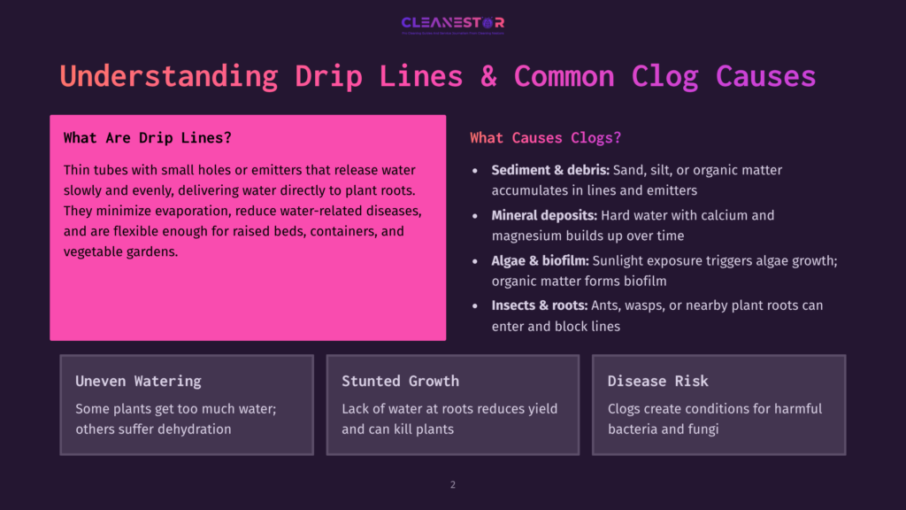 Infographic Titled &Quot;Understanding Drip Lines &Amp; Common Clog Causes&Quot; With Sections On Drip Line Function, Clog Causes Like Sediment, Mineral Deposits, Algae, And Insects, And Problems Like Uneven Watering, Stunted Growth, And Disease Risk.