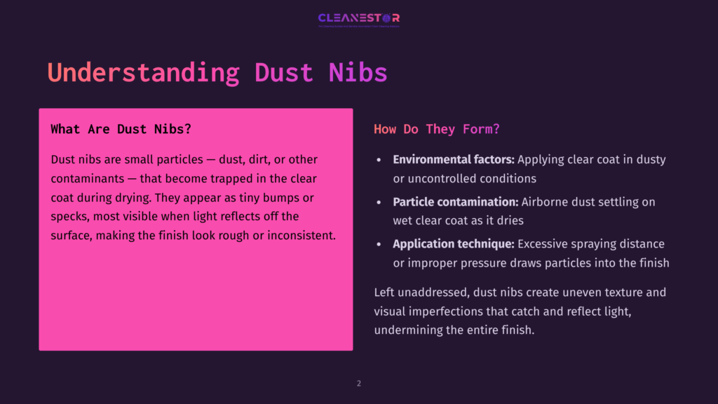 An Infographic Titled &Quot;Understanding Dust Nibs&Quot; With A Purple Background, Featuring A Pink Section With Text Explaining Dust Nibs And How They Form, Alongside A List Of Factors Contributing To Their Formation.