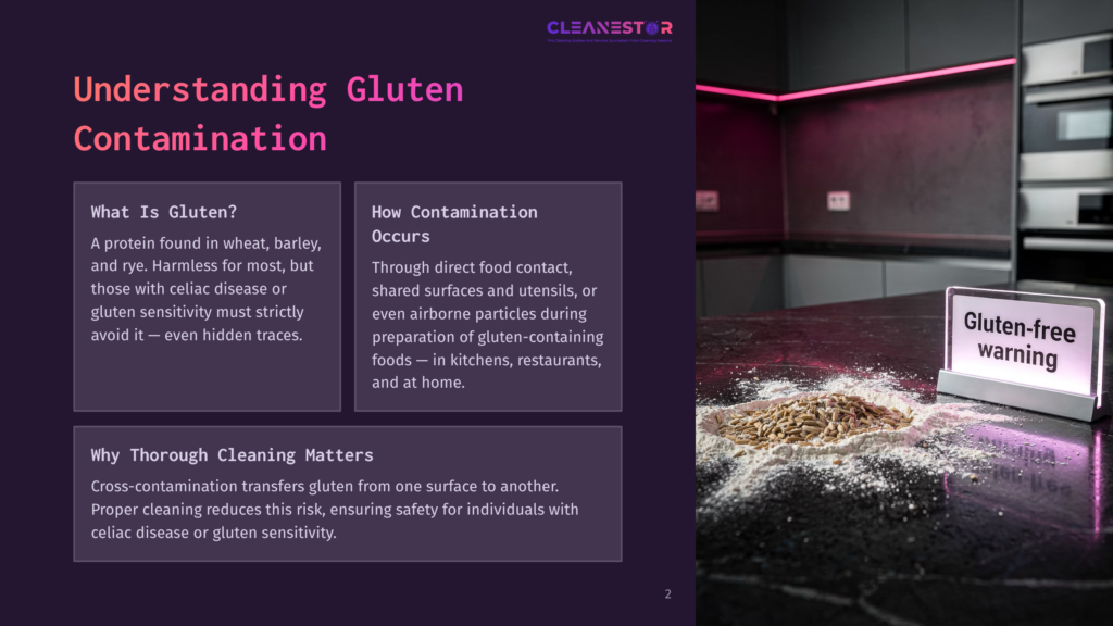 A Modern Kitchen With A Counter Displaying A Pile Of Yellow Seeds And A Warning Sign Reading &Quot;Gluten-Free Warning.&Quot; The Kitchen Features A Pink And Blue Led Backlighting, Creating A Modern And Vibrant Atmosphere.