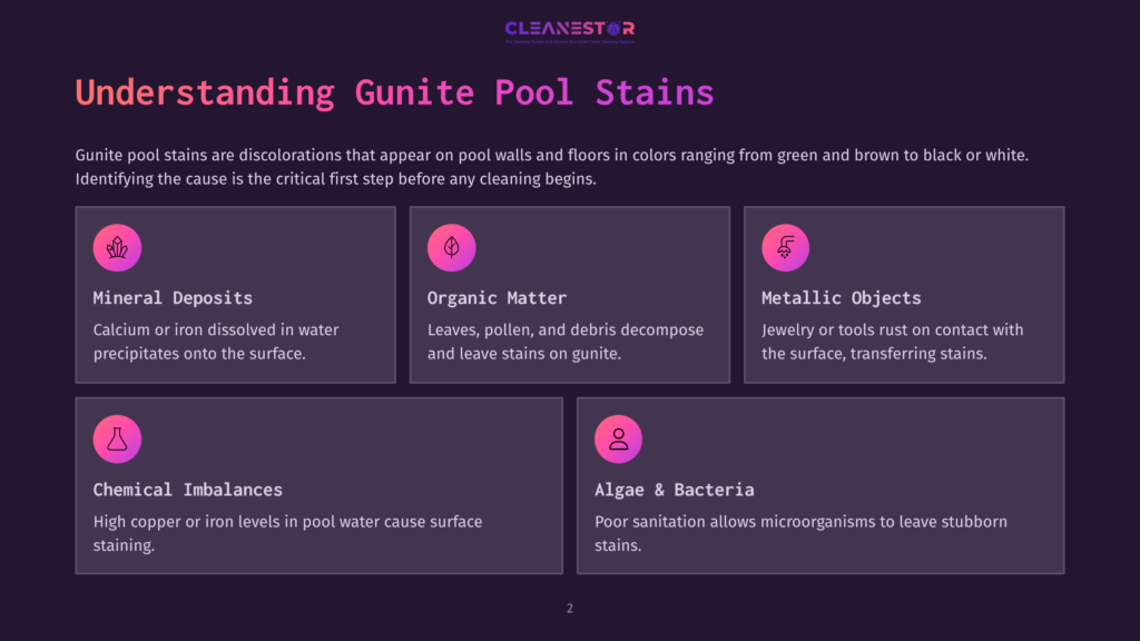 Infographic Titled &Quot;Understanding Gunite Pool Stains&Quot; With Icons And Text Detailing Causes: Mineral Deposits, Organic Matter, Metallic Objects, Chemical Imbalances, And Algae &Amp; Bacteria.