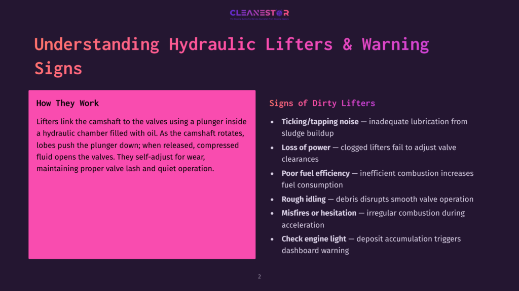 Slide Titled &Quot;Understanding Hydraulic Lifters &Amp; Warning Signs&Quot; From Cleanestor, Detailing How Hydraulic Lifters Work And Common Issues Like Ticking Noise, Loss Of Power, Poor Fuel Efficiency, And Rough Idling.