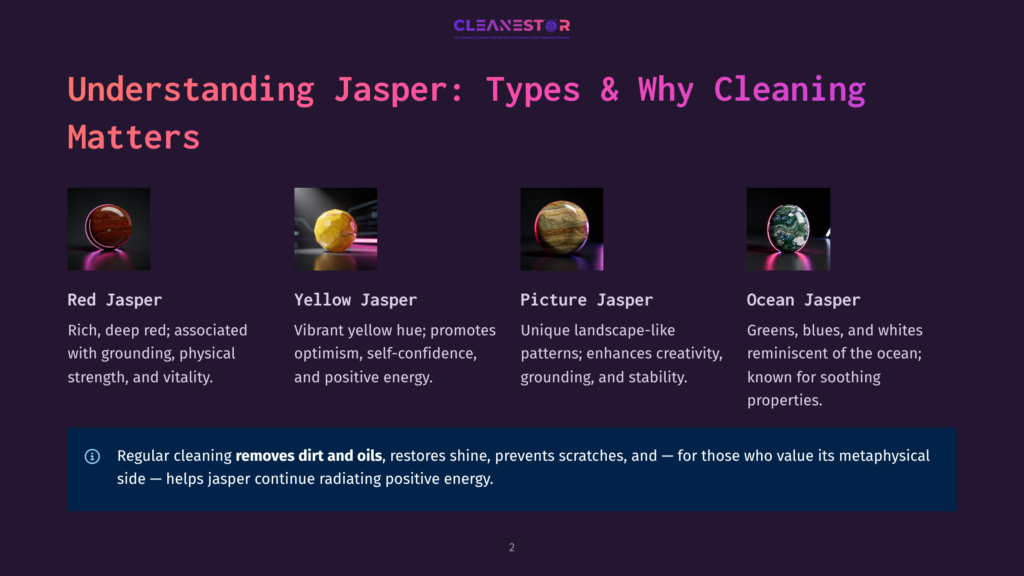 Understanding Jasper: Types &Amp; Why Cleaning Matters. Four Types Of Jasper Shown: Red Jasper, Yellow Jasper, Picture Jasper, And Ocean Jasper, With Descriptions Of Their Properties.