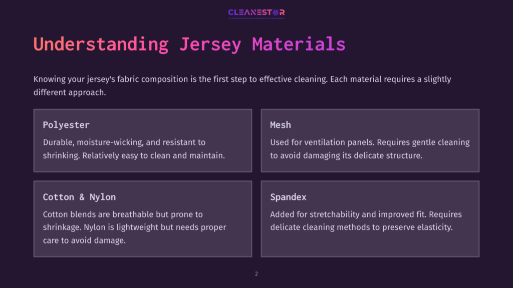 A Dark Purple Slide Titled &Quot;Understanding Jersey Materials&Quot; With Four Boxes Detailing Different Fabric Types: Polyester, Mesh, Cotton &Amp; Nylon, And Spandex, Including Descriptions Of Their Properties And Care Instructions.