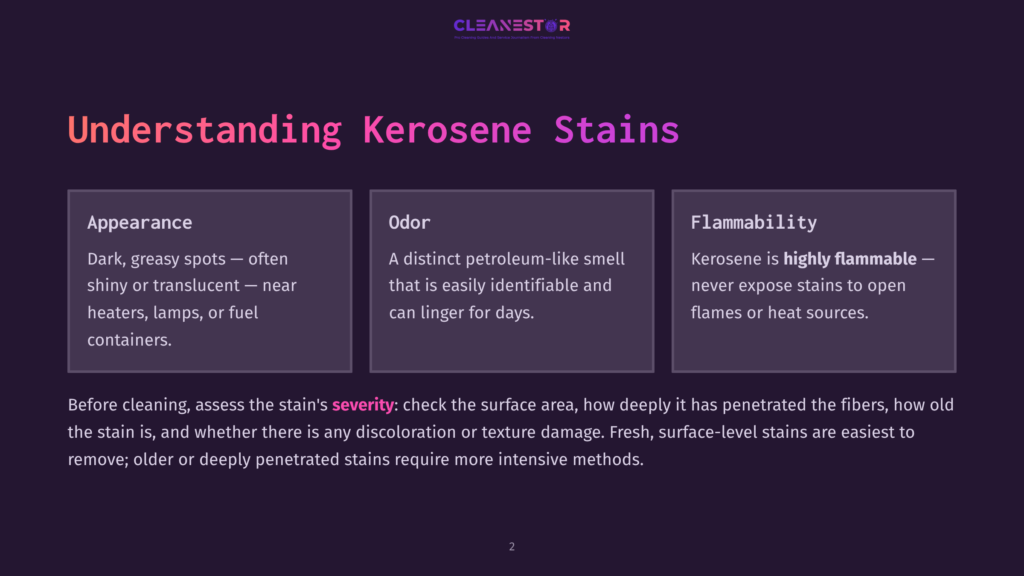 2 Understanding Kerosene Stains Understanding Kerosene Stains: Appearance, Odor, And Flammability. Dark, Shiny, Or Translucent Spots With A Petroleum Smell. Kerosene Is Highly Flammable.
