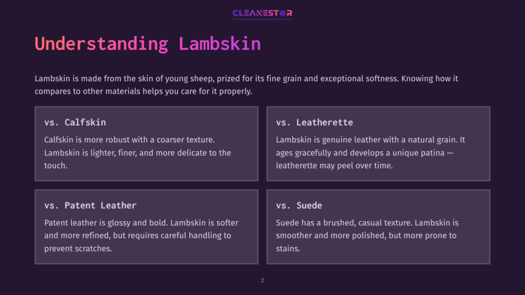 Infographic Titled &Quot;Understanding Lambskin&Quot; Comparing Lambskin To Calfskin, Leatherette, Patent Leather, And Suede, Highlighting Their Textures And Properties.