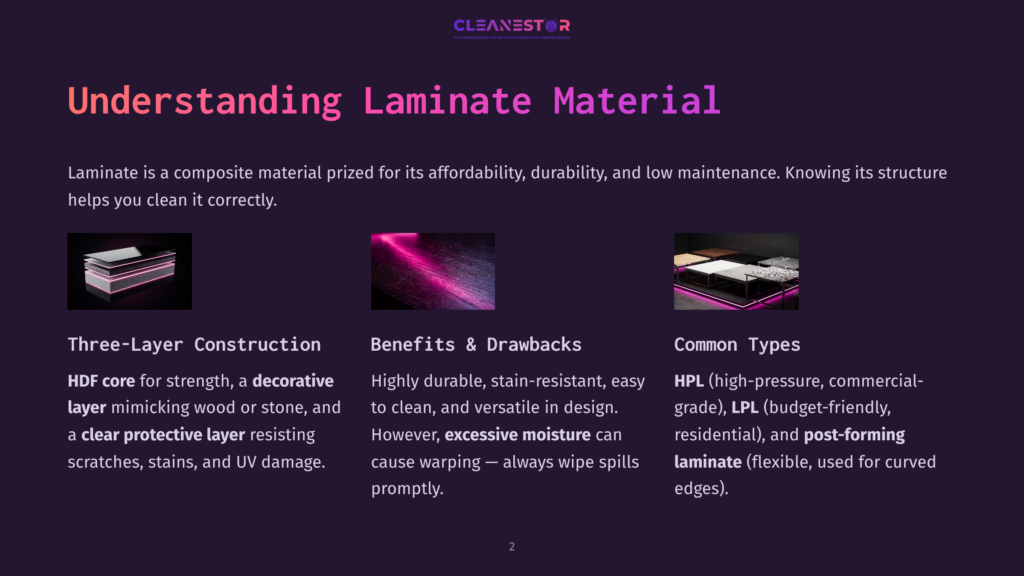 Three Stacked Laminate Flooring Samples With A Pink Glow: Top Shows Layers, Middle Shows Wood Grain, Bottom Shows Stone. Text Reads &Quot;Understanding Laminate Material&Quot;.