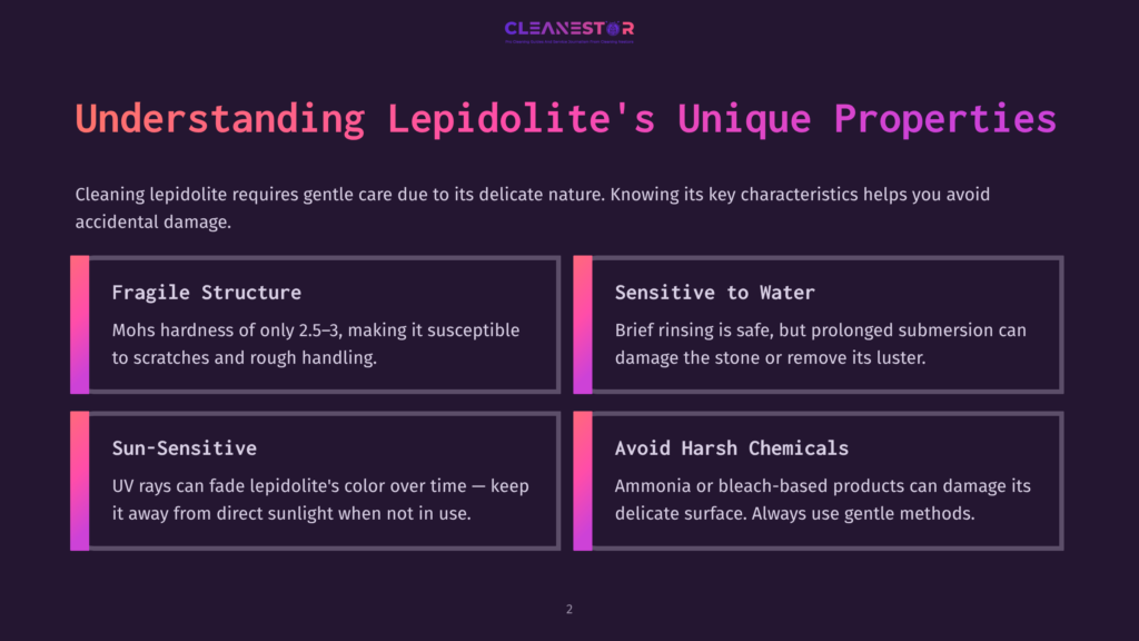A Dark Purple Graphic With White Text Titled &Quot;Understanding Lepidolite'S Unique Properties&Quot; Highlights Characteristics Such As Fragile Structure And Sensitivity To Water, Uv Rays, And Harsh Chemicals.