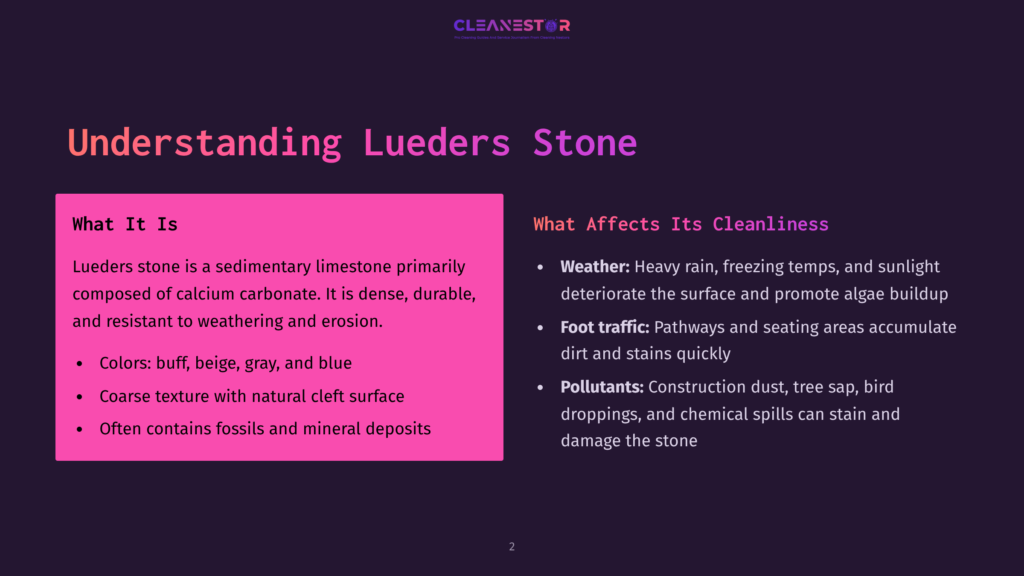 2 Understanding Lueders Stone Presentation Slide Titled &Quot;Understanding Lueders Stone&Quot; With Sections &Quot;What It Is&Quot; And &Quot;What Affects Its Cleanliness,&Quot; Detailing Lueders Stone Properties And Maintenance Factors.