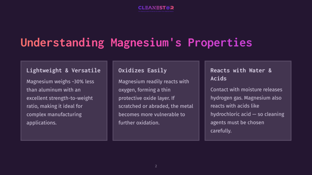 2 Understanding Magnesiums Properties A Presentation Slide Titled &Quot;Understanding Magnesium'S Properties&Quot; With Three Columns Detailing Its Lightweight Nature, Tendency To Oxidize, And Reactivity With Water And Acids.