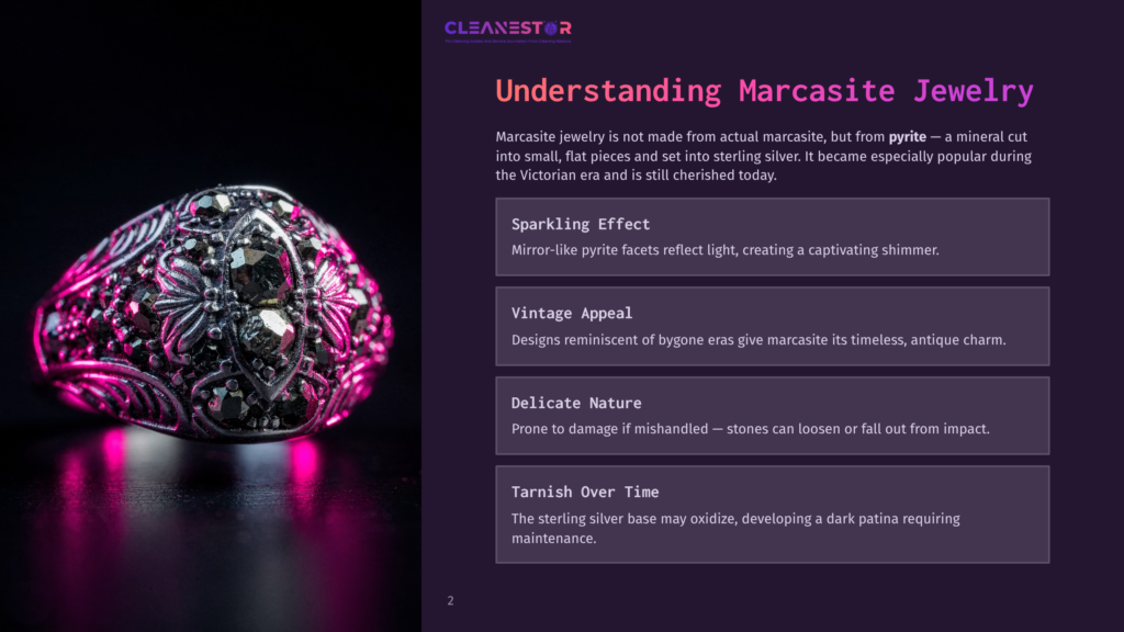 2 Understanding Marcasite Jewelry A Detailed Close-Up Of A Sparkling Pink And Black Marcasite Jewelry Ring On A Dark Background, Showcasing Its Intricate Design And Shimmering Effect.