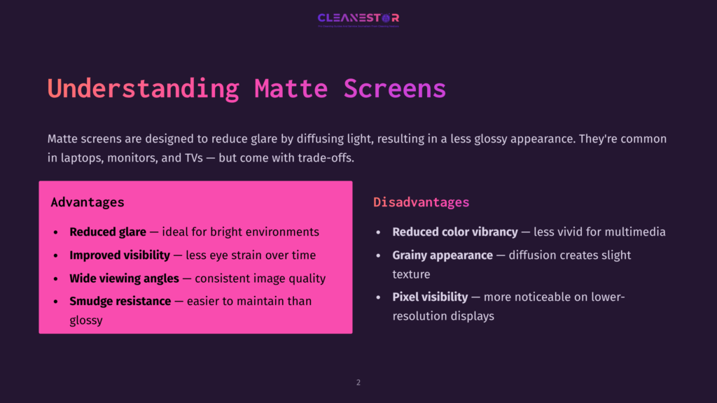 Slide Titled &Quot;Understanding Matte Screens&Quot; With Sections On Advantages And Disadvantages, Listing Benefits Like Reduced Glare And Improved Visibility, And Drawbacks Such As Reduced Color Vibrancy And Pixel Visibility.