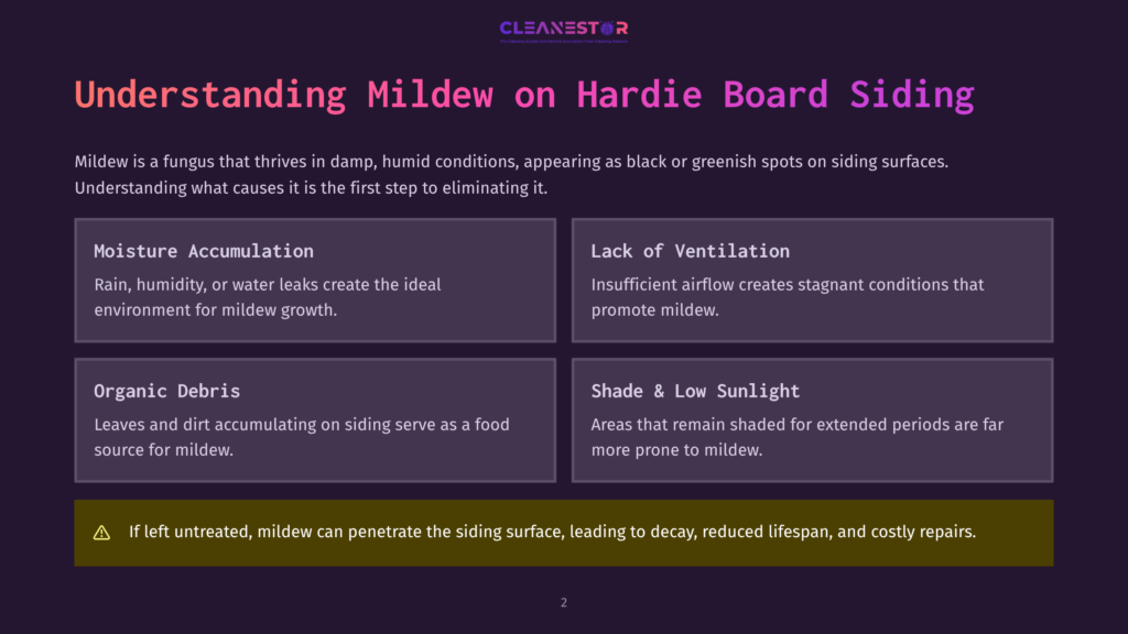 2 Understanding Mildew On Hardie Board Siding Infographic Titled &Quot;Understanding Mildew On Hardie Board Siding&Quot; Detailing Causes Like Moisture Accumulation, Lack Of Ventilation, Organic Debris, And Shade &Amp; Low Sunlight. A Warning About Untreated Mildew Causing Damage Is Also Present.