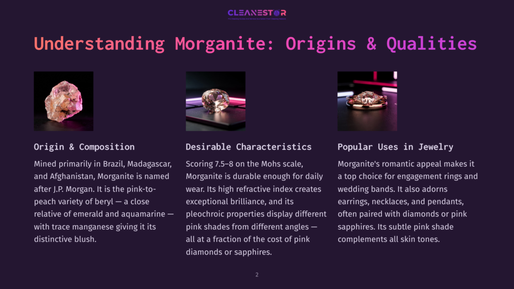 Three Images Of Morganite Gemstones: One Raw, One Faceted, And One Set In Jewelry. Text Describes Morganite'S Origins, Characteristics, And Uses In Jewelry.