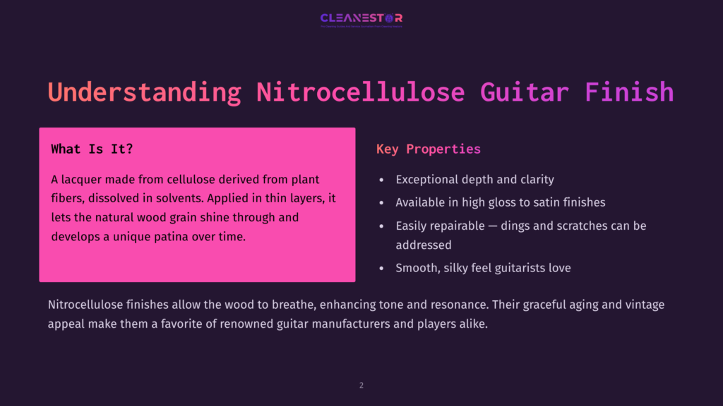 Presentation Slide Titled &Quot;Understanding Nitrocellulose Guitar Finish&Quot; With Text Detailing Its Properties, Including Exceptional Depth, Gloss, Repairability, And Smooth Feel.
